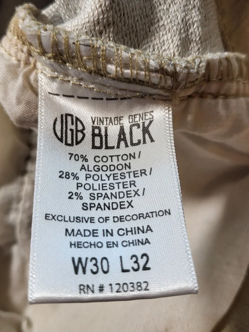 VGB Vintage Genes Black Mens Comfort Jeans Khaki Tan 30x32 Stretchy Terry Denim